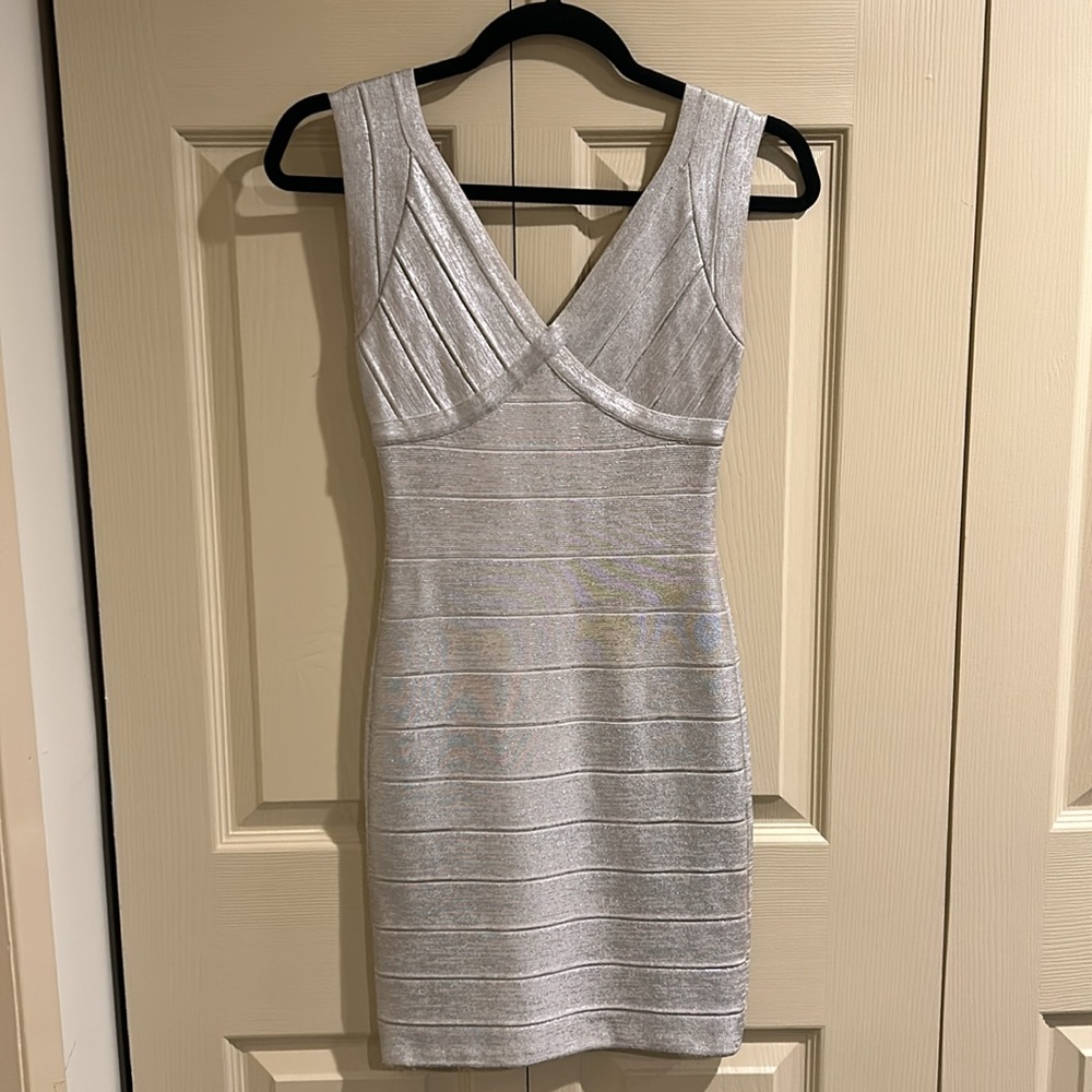 Herve Leger Metallic Silver Plunge Bandage Dress